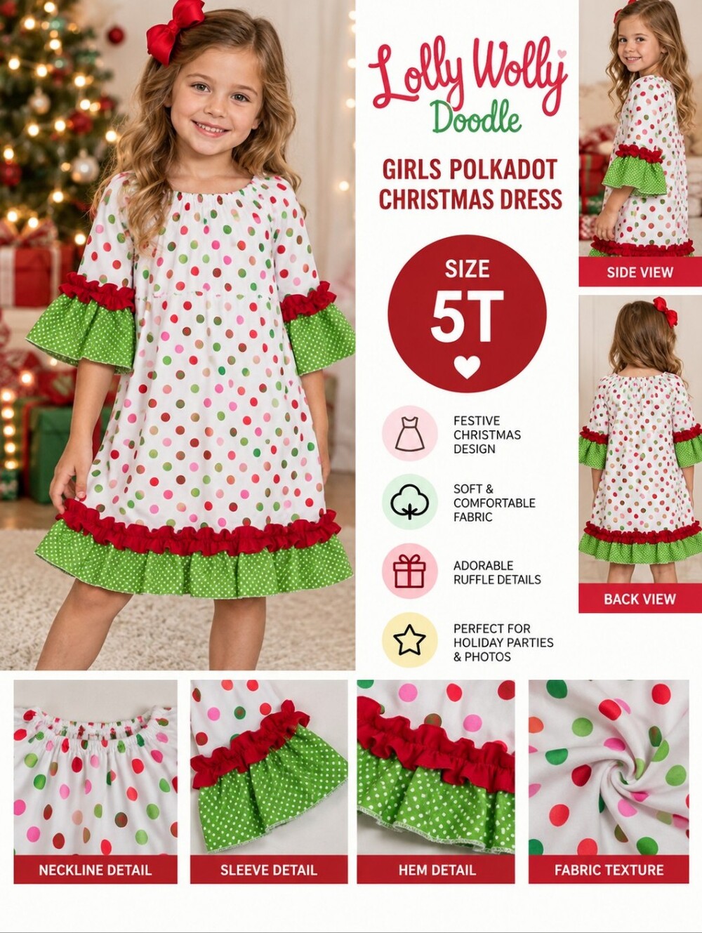 Lolly wolly girls size 5 red green polkadot christmas dress #36